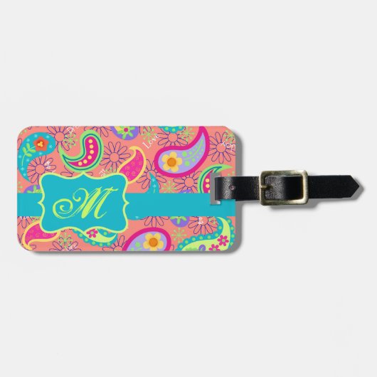 Coral Orange Modern Paisley Muster Monogram Gepäckanhänger (Vorderseite horizontal)