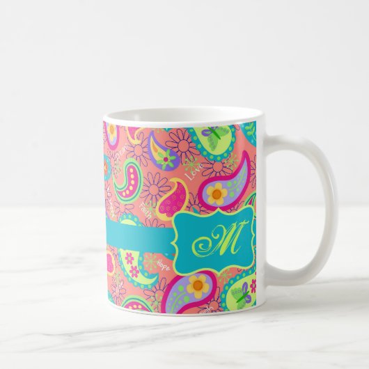 Coral Orange Modern Paisley Muster Monogram Kaffeetasse (Rechts)