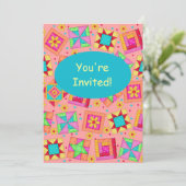Coral Orange Patchwork Quilt Block Art Einladung (Stehend Vorderseite)