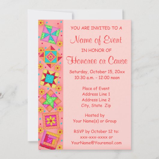 Coral Orange Patchwork Quilt Block Art Einladung (Rückseite)