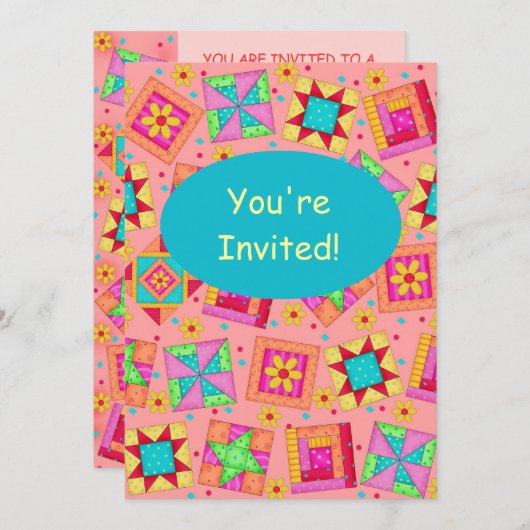 Coral Orange Patchwork Quilt Block Art Einladung (Vorne/Hinten)