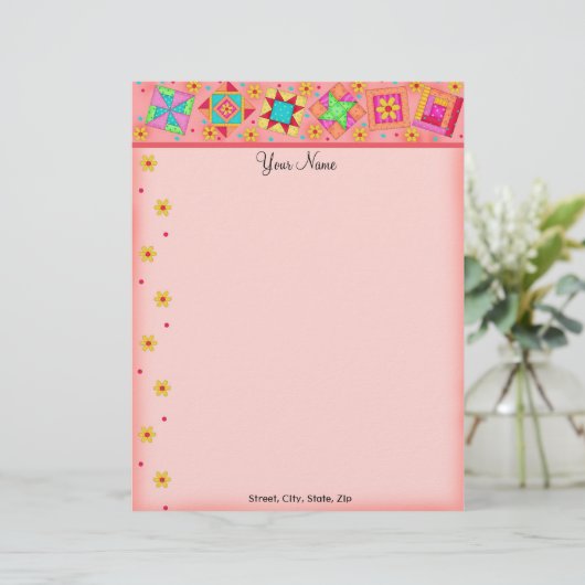 Coral Orange Patchwork Quilt Blocks Letterhead Briefbogen (Stehend Vorderseite)