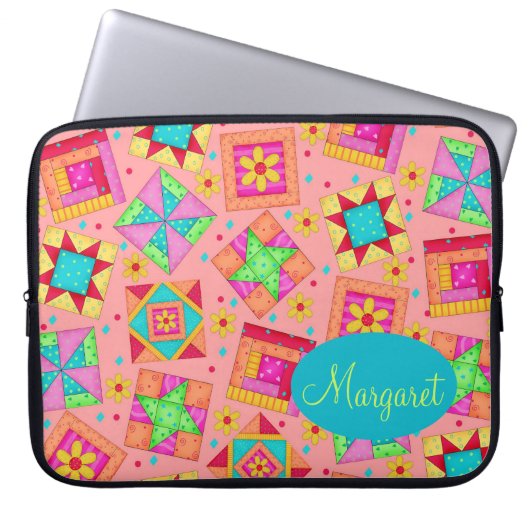 Coral Orange Personalize Patchwork Quilt Block Art Laptopschutzhülle (Vorderseite)