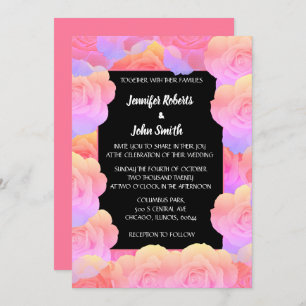 Coral Orange Pink Black Floral QR Code Hochzeit Einladung