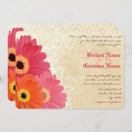 Coral Orange Pink Gerber Daisy Wedding Einladung (Vorne/Hinten)