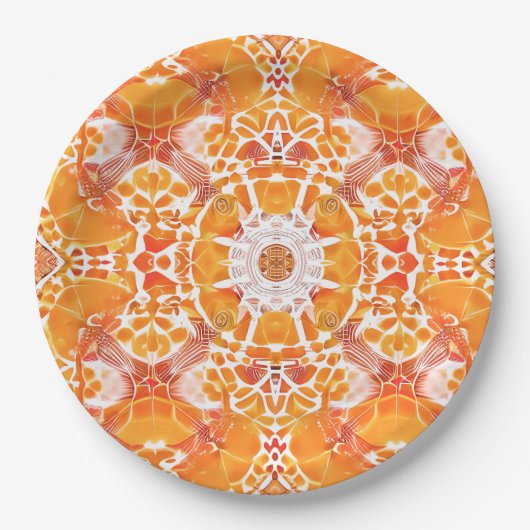 Coral Orange und Cream Batik Medallion Muster Pappteller (Vorderseite)