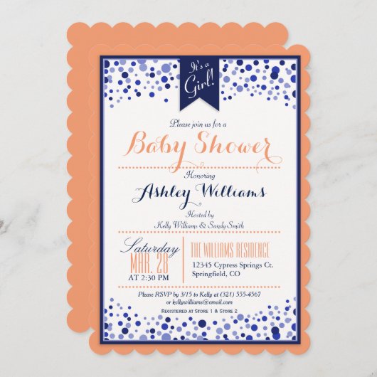 Coral Orange, White & Navy Blue Baby Dusche Einladung (Vorne/Hinten)
