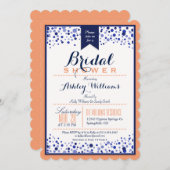 Coral Orange, White & Navy Blue Brautparty Einladung (Vorne/Hinten)