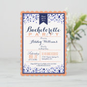 Coral Orange, White, Navy Blue Junggeselinnen-Absc Einladung (Stehend Vorderseite)