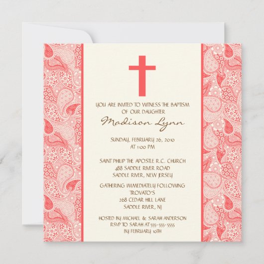 Coral PAISLEY Baby Girl Baptisse Einladung (Vorderseite)