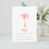 Coral Palm Tree Tropical Beach Wedding RSVP Karte (Stehend Vorderseite)