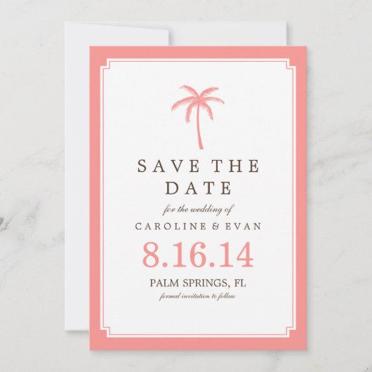 Coral Palm Tree Wedding Save the Date (Vorderseite)