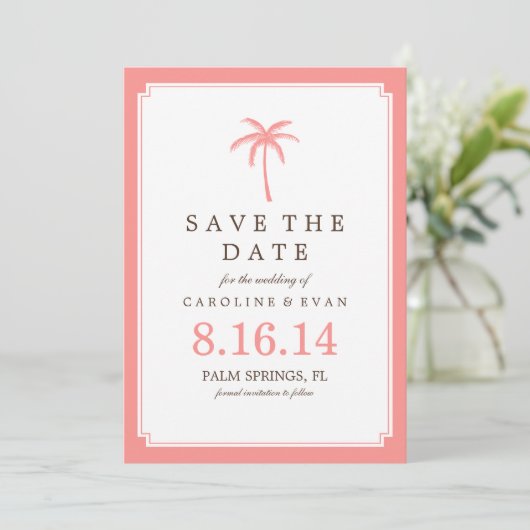 Coral Palm Tree Wedding Save the Date (Stehend Vorderseite)