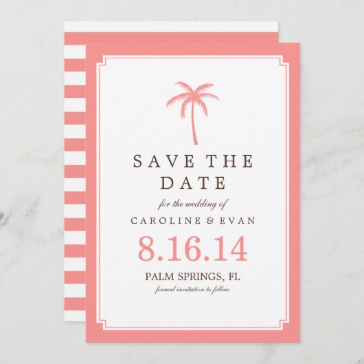 Coral Palm Tree Wedding Save the Date (Vorne/Hinten)