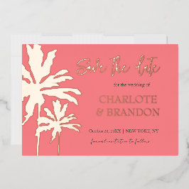 Coral Palm Trees Beach Hochzeit Save the Date Gold Folieneinladung