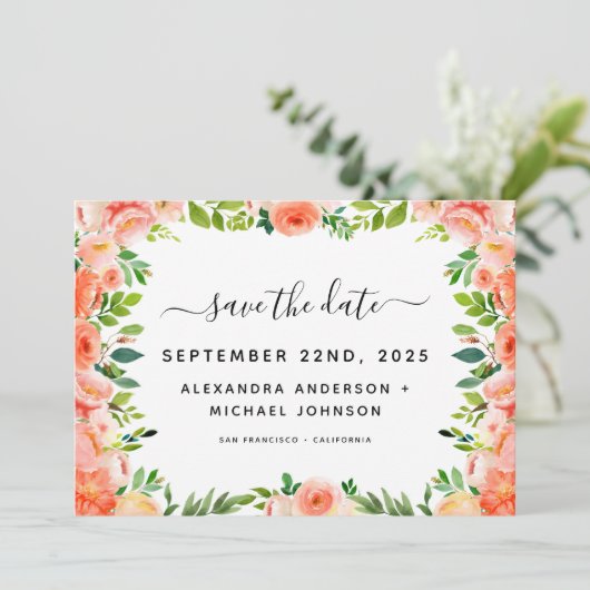 Coral Peach Blumengrün Save the Date Einladung (Stehend Vorderseite)