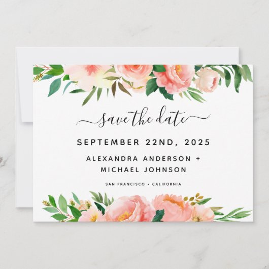 Coral Peach Blumengrün Save the Date Invitati Einladung (Vorderseite)