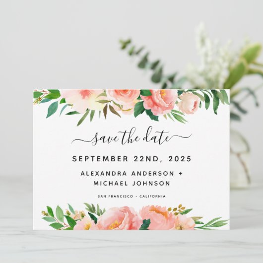 Coral Peach Blumengrün Save the Date Invitati Einladung (Stehend Vorderseite)