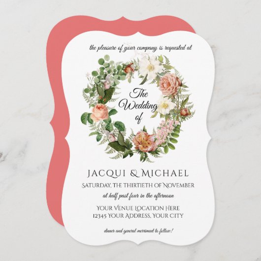 Coral Peach Blush Elfenbeinküste Rose w Fern Wreat Einladung (Vorne/Hinten)