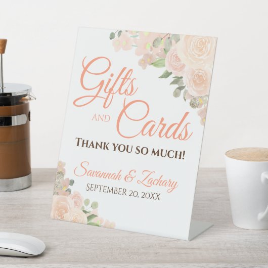 Coral Peach Boho Floral Wedding Geschenke & Cards Sockelschild (In SItu)