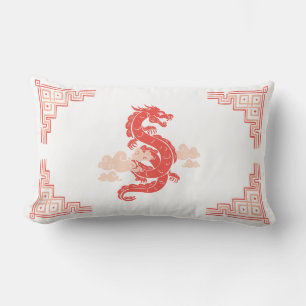 Coral Peach Chinoiserie Dragon and Clouds Lendenkissen
