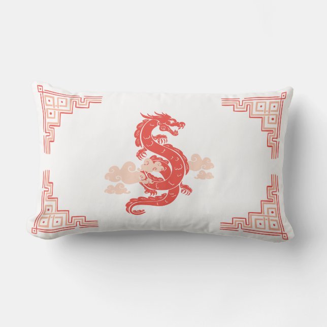 Coral Peach Chinoiserie Dragon and Clouds Lendenkissen (Vorderseite)