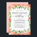 Coral Peach Floral 16 . Geburtstag 16 Geburtstag Einladung<br><div class="desc">Coral,  Peach and white Floral und Eukalyptus Greenery Botanischer Frühling oder Summer Pastel 16 . Geburtstag (16.) Geburtstagsparty Einladungen - beinhaltet schöne und elegante Drehtypografie mit modernen botanischen Blume und Grün für die besondere Geburtstagsfeier.</div>