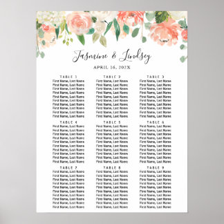 Coral Peach Floral 9 Tische Hochzeitstabelle Poster