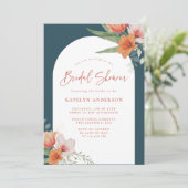 Coral Peach Floral Arch Aquamarin Blue Brautparty Einladung (Stehend Vorderseite)