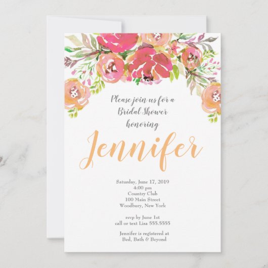 Coral & Peach floral Brautparty Einladung (Vorderseite)