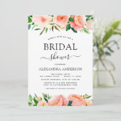 Coral Peach Floral Brautparty Grüne Einladung (Stehend Vorderseite)