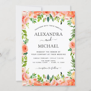 Coral Peach Floral Greenery Botanische Hochzeit Einladung