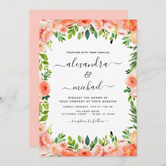 Coral Peach Floral Greenery Botanische Hochzeit In Einladung (Vorne/Hinten)