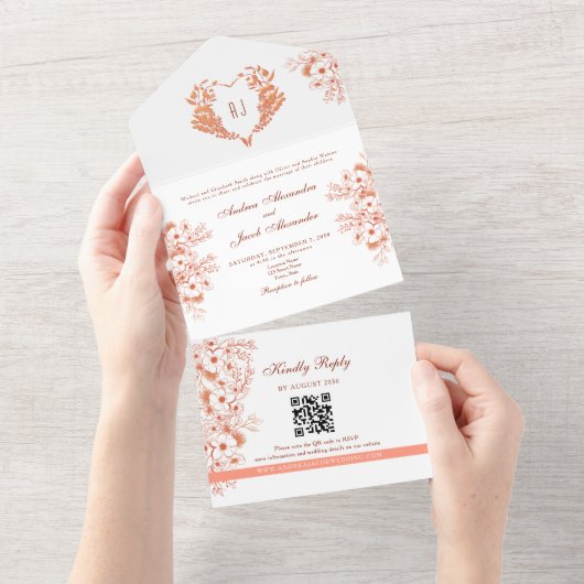 Coral Peach Floral Monogram Wedding All In One Einladung (Abreißen)