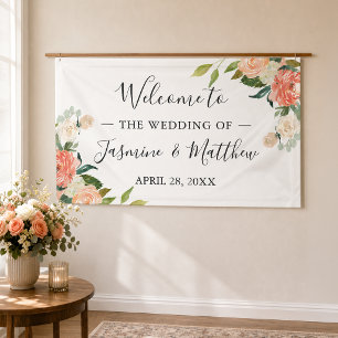 Coral Peach Floral Wedding Celebration Party Banner