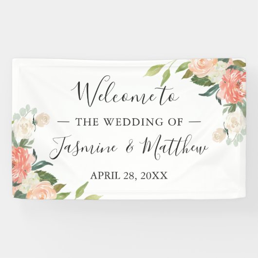 Coral Peach Floral Wedding Celebration Party Banner (Horizontal)