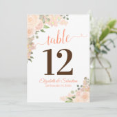 Coral Peach floral Wedding Tischnummer Card Groß (Stehend Vorderseite)