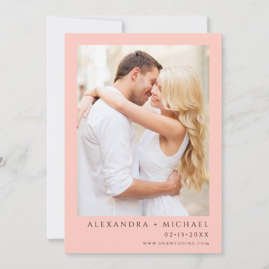 Coral Peach Foto Blumengrün Hochzeit Einladung (Rückseite)