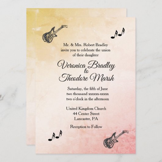 Coral Peach Gitarre Thema Hochzeit Einladung (Vorne/Hinten)