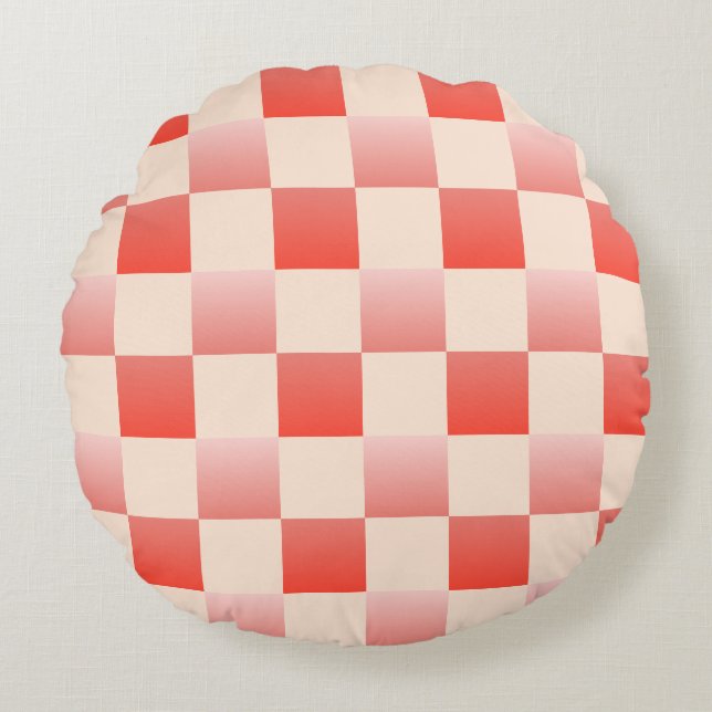 Coral Peach Gradient Checked Rundes Kissen (Vorderseite)