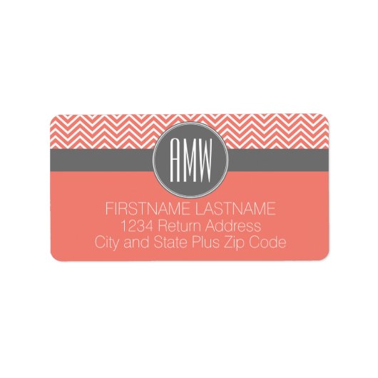 Coral Peach Gray Chevrons Custom Triple Monogram Adressaufkleber (Vorne)