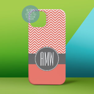 Coral Peach Gray Chevrons Custom Triple Monogram Case-Mate iPhone Hülle