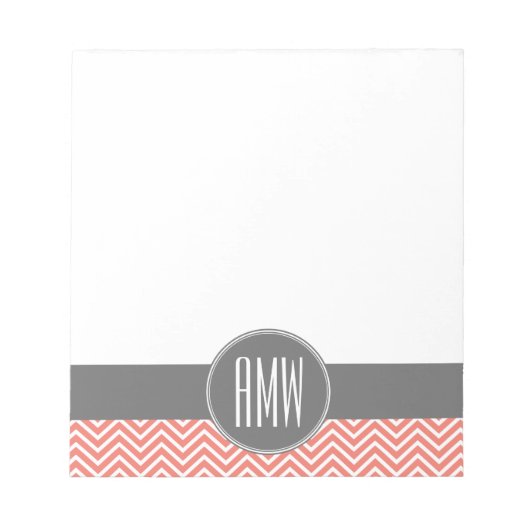Coral Peach Gray Chevrons Custom Triple Monogram Notizblock (Vorderseite)