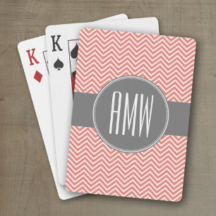 Coral Peach Gray Chevrons Custom Triple Monogram Spielkarten