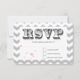 Coral Peach Grey Zig Zag Typography Wedding RSVP Einladung
