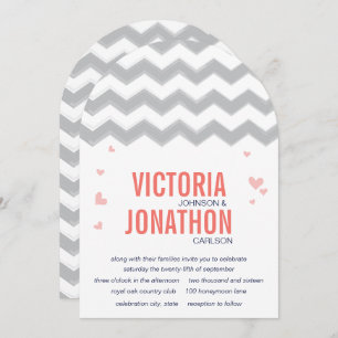 Coral Peach Navy Gray Zig Zag Typografy Wedding Einladung