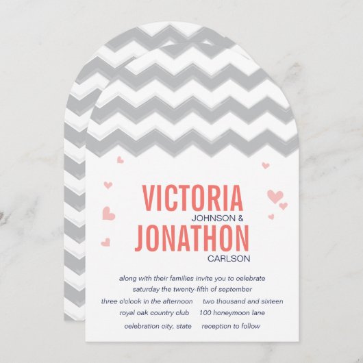 Coral Peach Navy Gray Zig Zag Typografy Wedding Einladung (Vorne/Hinten)
