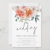 Coral Peach Peonies Florals Script Wedding Einladung (Vorderseite)