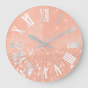 Coral Peach Rose Glitter Metallic Roman Numers Große Wanduhr