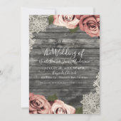 Coral Peach Rose Grau Rustic Wood Lace Wedding Einladung (Vorderseite)